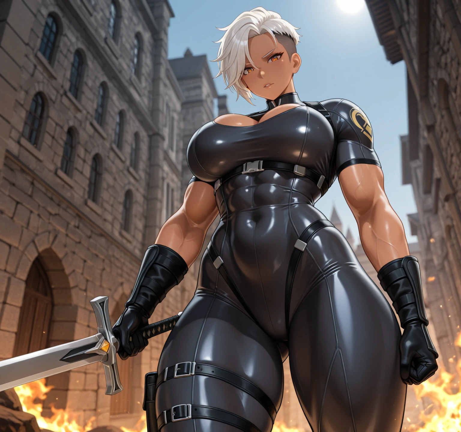 1woman, muscle body, white hair, one ponytail, perfect eyes, yellow eyes, intimidating face, warrior clothing, black and grey jumpsuit, white bandagr in the arms, black fingerless gloves, black and grey boots, big sword in the back, big breasts, big ass, dojo background