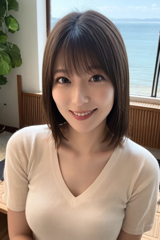 masterpiece,best quality,(Japanese ),((Beautiful girl)),cleavage,(room),(perfect body beauty:1.2),(shy smile),beautiful teeth,