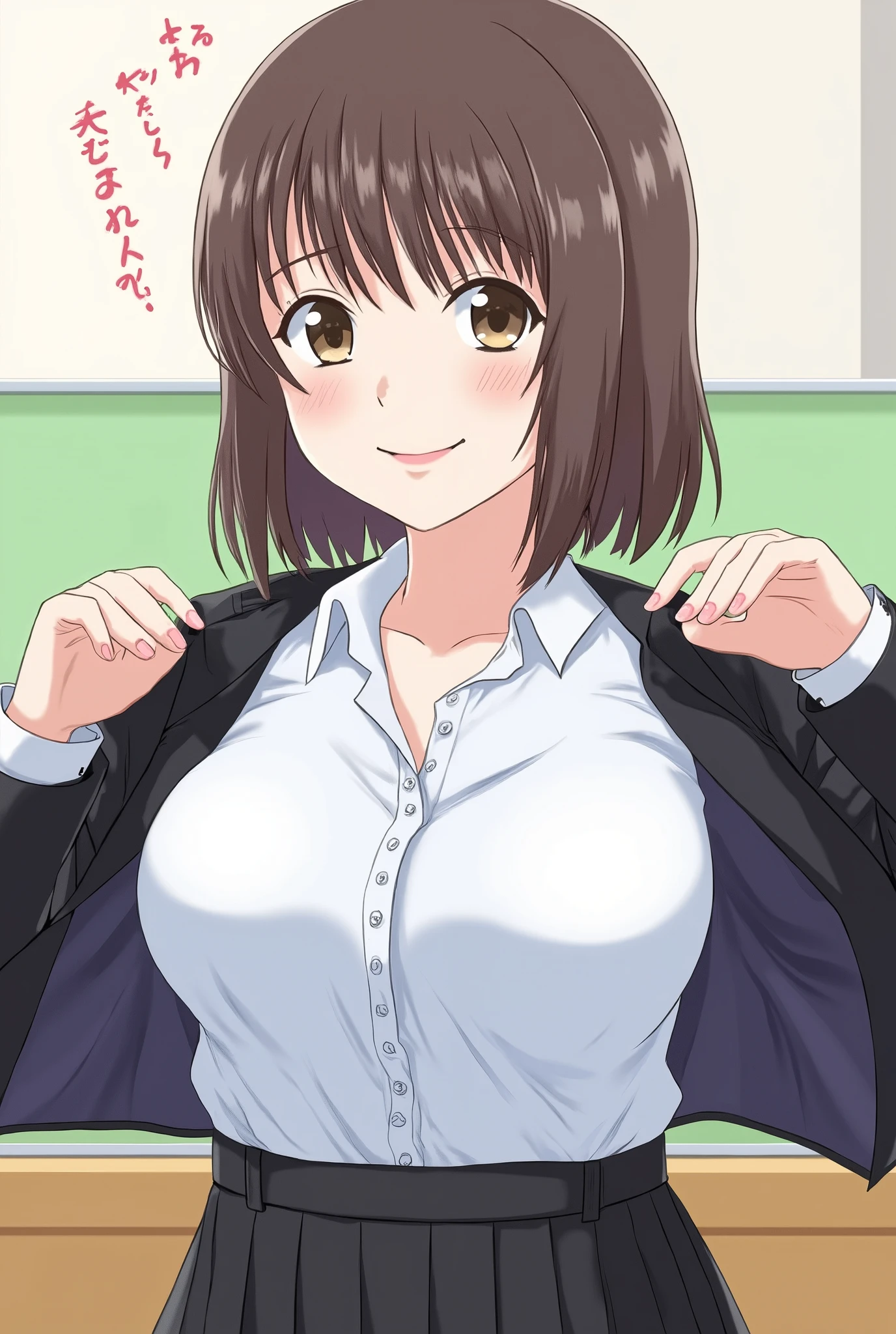 masterpiece, High resolution, One Girl, Brown eyes, Brown Hair, KeiTanigawaR4, , Simple Background, Upper Body, White Background,(Huge breasts:1.2)、White shirt、Red tie、Pleated skirt、Straight bangs