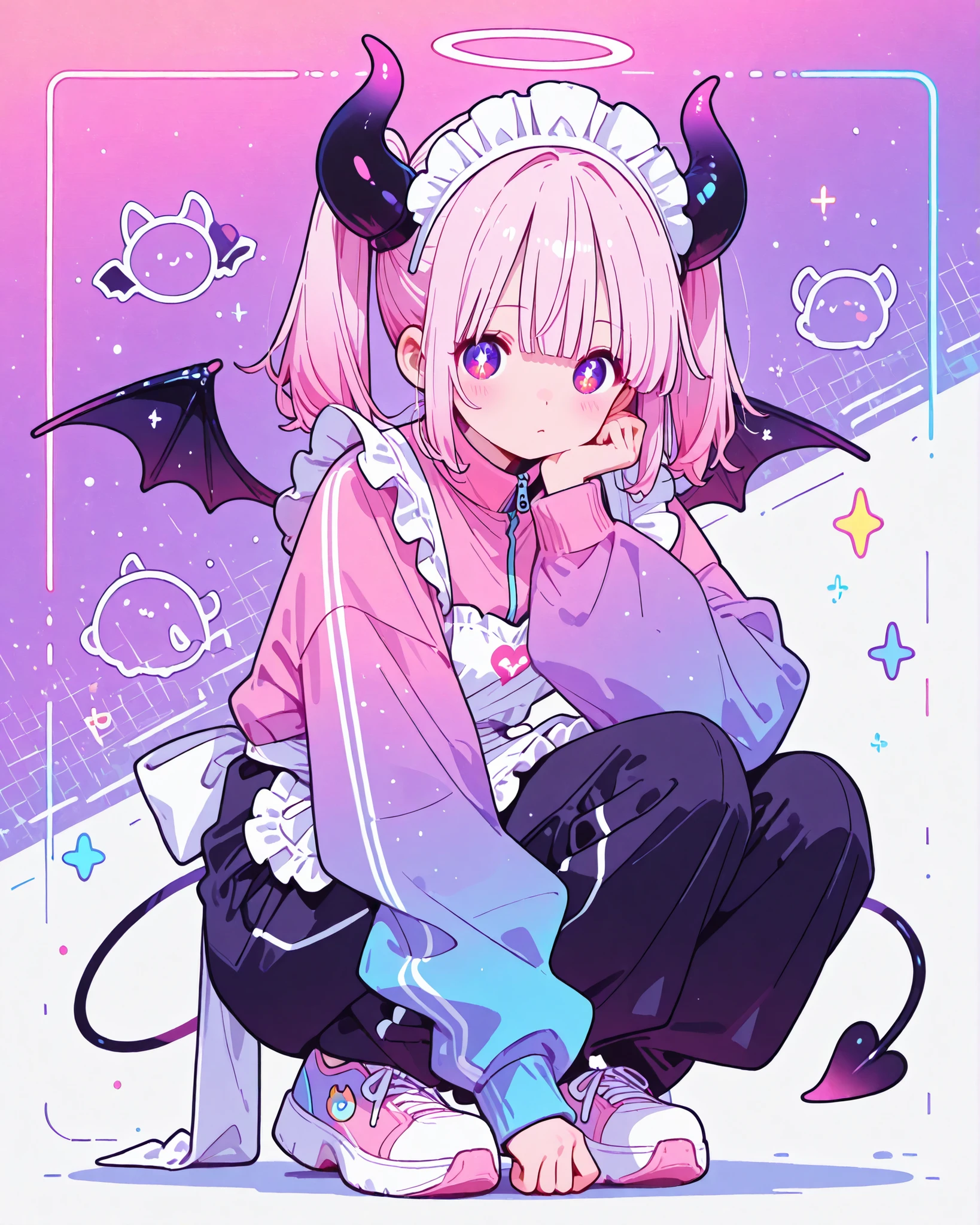 Cute Anime Devil Girl Wearing a Bright Pastel Neon Pink Schoolrun Jacket and a Pure White Ruffled Maid Apron(small geometric pattern background in pastel neon pink and neon blue). Devil's Horn , Demon Wings. thick straight cut bangs, twin tails, pink hair color、Jersey Long Pants, Sporty Maid Outfit, Cold look, Idol piece above eyes、Crouching、Exquisite Anime Style, no light in the eye, High Quality, Full Body、Dynamic Movement