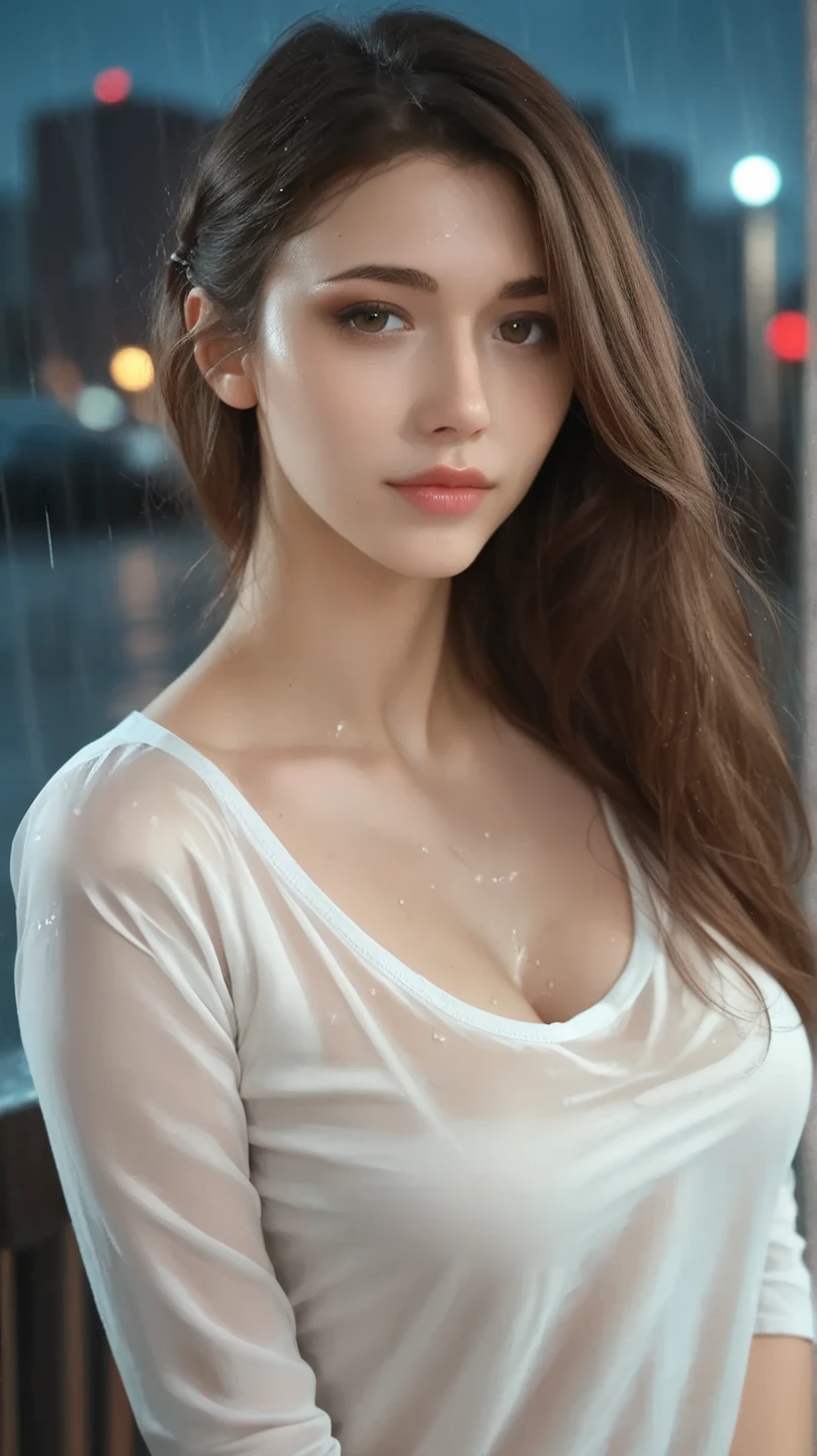 In his room, watching the landscape through the window, focusing on his left profile, Sweat and Wet clothes, editorial photograph of a 18 yo woman, extremely detailed eyes, detailed symmetric realistic face, extremely detailed natural texture, with her blouse completely unbuttoned almost showing her Big chest without a clamp under the blouse, big chest, perfect high detailed hands, perfect high detailed fingers, beautiful face, high detailed perfect eyes, beautiful gradient, Beautiful women, clean detailed, dynamic pose, massive chest, , Mini-skirt, Uhd digital painting, hyperdetailed triadic colors, unreal engine, fantastical, intricate detail, complementary colors, 8k resolution, heavy strokes, dynamic light source, nikon d850 film stock photograph, kodak portra 400 camera f1.6 lens, extremely detailed, amazing, fine detail, rich colors, hyper realistic lifelike texture, dramatic lighting,