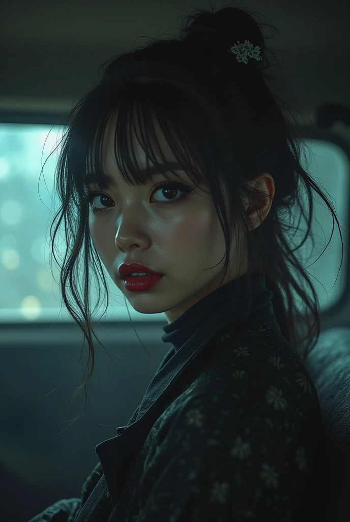 (Extremely detailed, underground parking, fine, slightly fat, plump, big breasts, big breasts, M cups, sexy, black turtleneck dress, delicate face, large aperture, close-up of people)