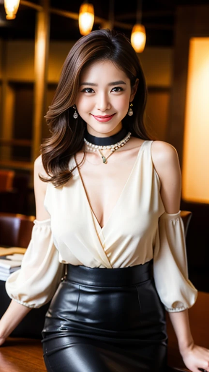 A 20-year-old woman with a very cute face like a 15-year-old idol　Smiling Kindly　(((Whole body)))　(((Full body portrait)))　Sheer blouse　mini skirt　Medium Bust　Cleavage　A crowded and stylish wine bar at night　Cinema lighting　Natural light　Artistic　High level of artistry　RAW Photos　Genuine　High quality that is indistinguishable from real life　Real Stick　High resolution