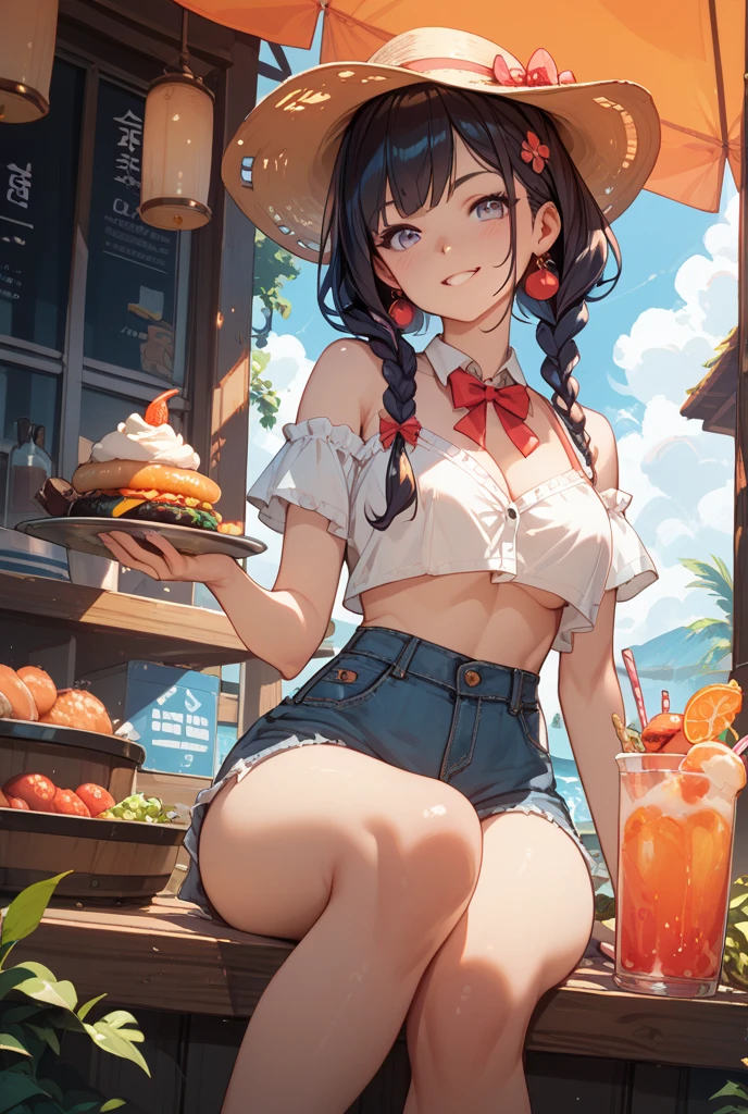 Girl eating tacos at a bar Wear sneakers High leg shorts with suspenders Large Breasts Showing your belly button Super low-rise Knee-high socks No underwear Belt on chest There's a glass of tequila