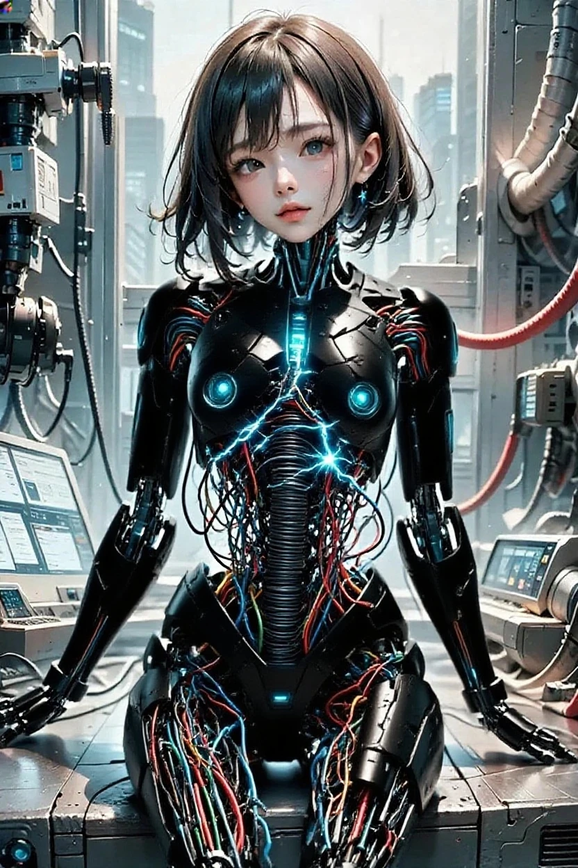 (((Masterpiece))), ((((Best quality)))), (((Ultra-detailed))), (CG illustration), ((Extremely delicate and beautiful)),(Cute and delicate face),Cinematic light,((1 mechanical girl)),Solo,full bodyesbian,(machine made joints:1.4),((Mechanical limb)),(Blood vessel attached to tube),((The mechanical vertebrae are attached to the back)), ((A mechanical cervical vertebrae attached to the neck)),((Seated)),face expressionless,(Wires and cables attached to the head and body:1.5),(Character focus),sci-fy，looks into camera，Black color hair，Black and white style，Blue machinery
