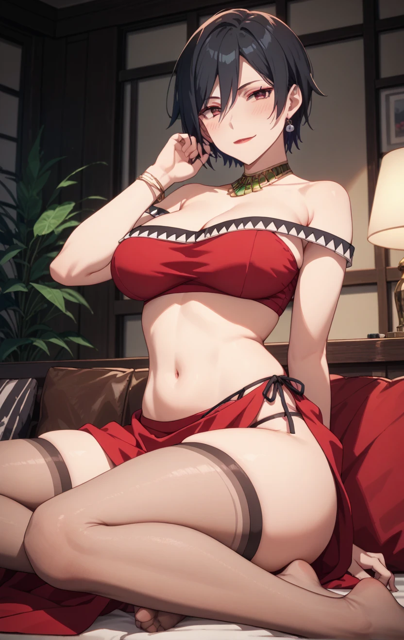 [[anime styled]],[[digitalart]],masterpiece,best quality,Tomomi_Xijing,red eyes,black hair,Short hair,Hair Ribbon,(midium build),NSFW,1girl,((sitting on the couch,reclining)),face focus,short torso,Perfect Lighting,[perfect anatomy],,((nude)),((black panties,)),((black bra)),cameltoe,relaxing,smile   break background living room,couch
