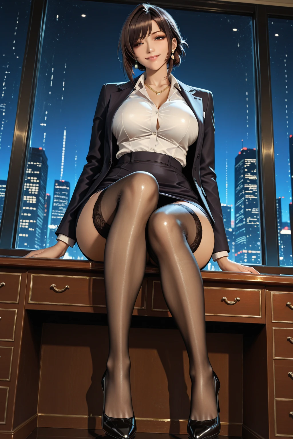 ((Correct Anatomy)),((Cross your legs)),((suit)),((White blouse)),((Pleated skirt),(((Black Stockings))),((((open-chest)))),((Sit on a chair)),Ultra-high resolution,Mature Woman, Mature Woman, Very detailed,Extremely fine skin,Beautiful Skin,((Sweating all over the body)),(Big Breasts),((Beautiful legs)),Perfect hands, Detailed fingers, Beautiful details, ((Long Hair)),((ponytail)),Black choker, Earrings,High heels,High rise office building,Perfect Eyes, Captivating eyes,