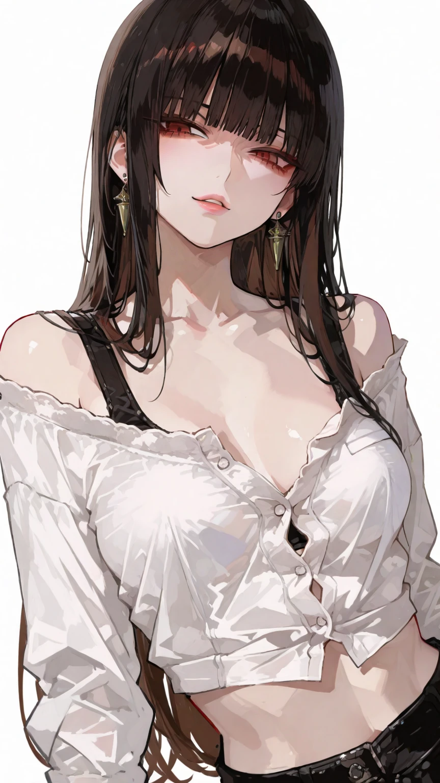 Masterpiece, highest quality, high resolution, solo, large breasts, brown eyes, pale ivory skin, short hair, dark brown hair, vampire, gothic, illuminating light, tight black shirt, black shorts, cute pose standing