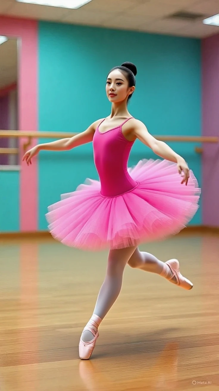 (best quality,4k,highres),ultra-detailed,realistic,portraits, A cute 15 years old japaneese girl doing ballet, dancing in a high tech ballet studio, large windows with beautiful fields outside, drawn in anime style, full body view, futuristic, Frutiger Aero aesthetic, light background, sci-fi setting, girl with jade green eyes, brown ballet bun hair, small breast, red leotard, wide tutu skirt, pink tights covering entire legs, pointe shoes, elegant and graceful movement, charming smile, normal camera angle, tertiary colors, bokeh, highly detailed, 4K.
