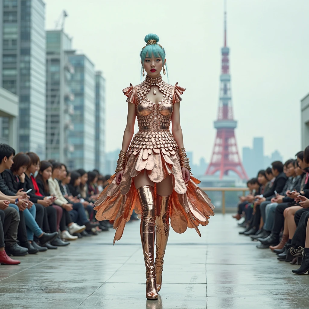 Full body shot a Japanese model with kawaii style with green eyes, raspberry lipstick, with pale blue hair and a bun, a lot of collars, a lot of bracelets and earrings, wearing very high rose gold metal thigh-high boots with very high stiletto heels. she wears a dress made with 100 rose gold metal plates assembled by metal rings. She strides confidently with a quiet, self-assured confidence on a catwalk without audience. Tokyo tower looming at distance