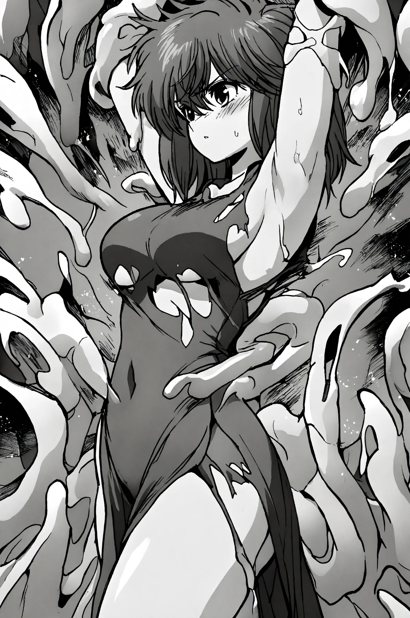 japanese anime, 1girl, 1guy, (vaginal sex), (girl on top), cowgirl pisition, bottomless, ((small breasts)), (????? in pussy), ((pussy juice)), (sweat dropping:1.3), ahegao, half-closed eyes, open mouth, (saliva), ((saliva trail)), arms behind back, motion lines, (trembling and shaking), steam, (oily skin), slender body, syncope, swimsuit, onepiece swimsuit,