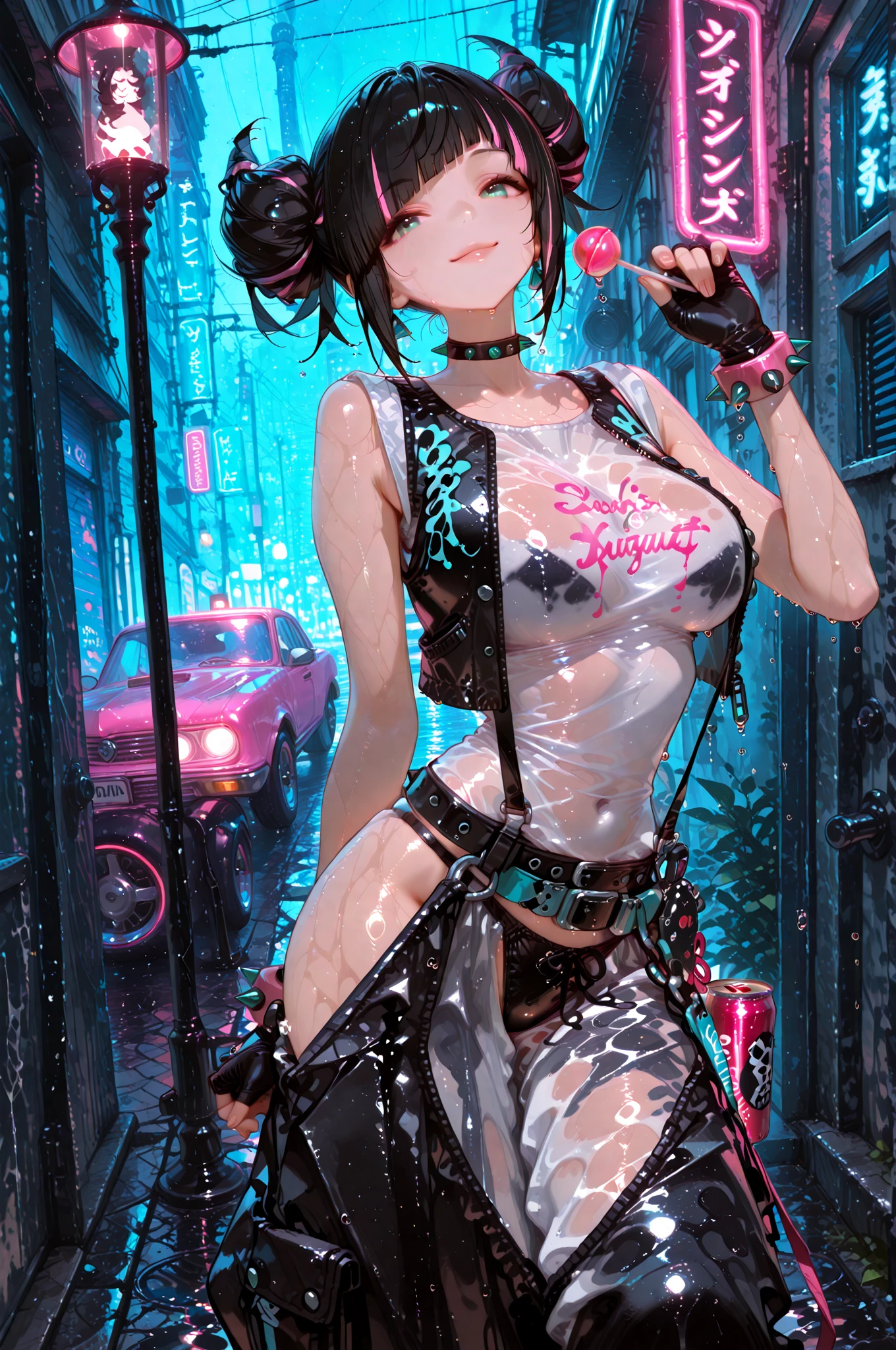 infp young woman, Beautiful big breasts, Front opening shirt, Body painting with pop designs drawn directly all over the body, heart shapes, Pop Art Design, Cutting-edge fashion, Innovative, The center of attention, tokyo prefecture, newyork, Special art design, pubick hair, cameltoe details, -motto, Background of the novel,