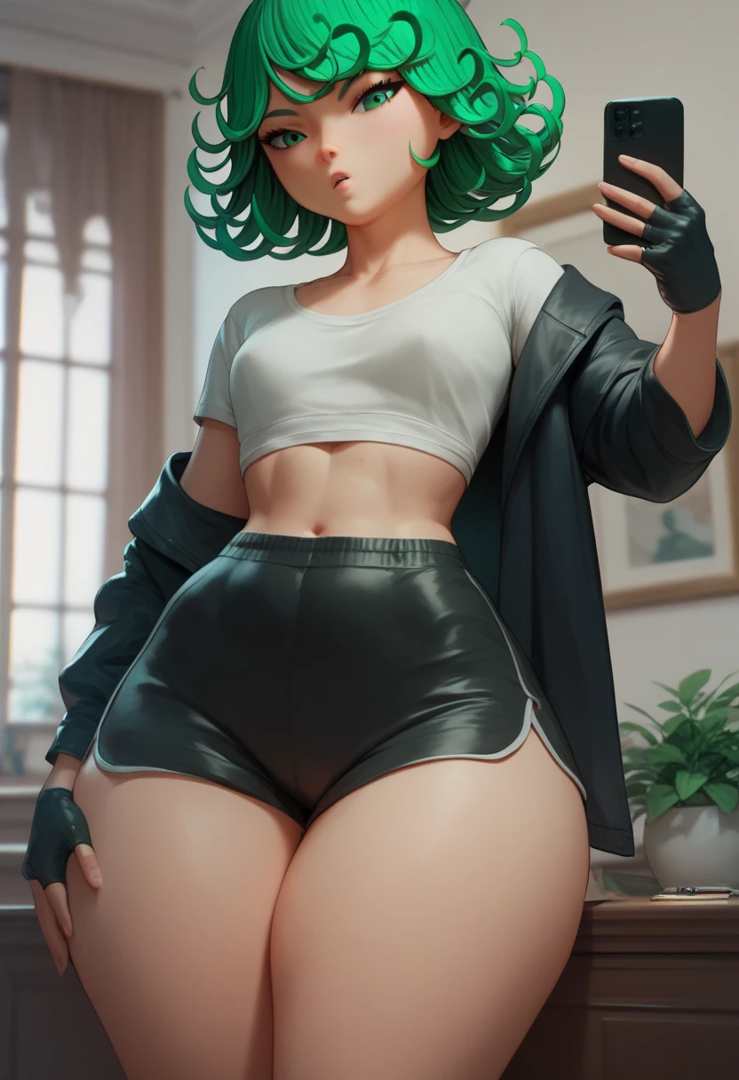 (solo:1.1),(masterpiece), (best quality:1.3), highly detailed, intricate, professional art, digital art, absurdres, confidant, emerald sustrai, futanari emerald sustrai wearing a white and green leotard with arm gloves and high-waisted-pants confidently posing clutching-crotch indoors, (pants:1.6), 1girl, solo, (dark skin:1.4), (nylon see through clothing:1.3), green hair, bob hair, gold hoop earrings, gold jewellery, ab lines,(gold navel piercing:1.1), detailed stomach, red eye colour, dark skin, average breasts, nipple bulge, (aroused:1.2), (futanari:1.1), (wide hips:1.4), (makeup 1:1), beestung lips, (black lipstick:1.3), penis bulge, panty straps riding hips, (crotch bulge:1.4), crotch bulge, testicle bulge , furniture, frontat distant view, universal lighting,