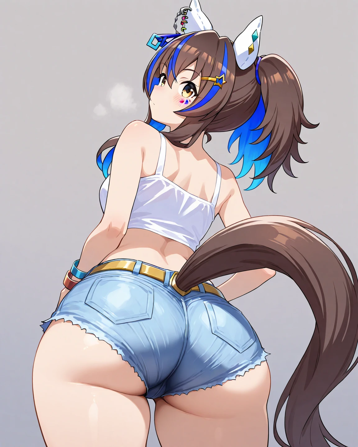 Histia danmachi, beautiful, (Misa:1.2), (Best Quality:1.2), Perfect eyes, Perfect face, perfect lighting, 1 girl in, is, Back, bobo, baseball cap, panties negras, old, Brown hair, CropTop, cutoffs, denim, denim shorts, de ispaldas, disde la parte trasera, has, High leg, panties de High leg, wide, median furrow, Large old, micro pantalonis cortos, panties, Horse tail, Short shorts, Bermuda, barbosa,  Background, Alone, Sleeveless, thighs thighs thighs thighs, correa, underwear, Field, tussock, catwalk, huge ass, Wide hips, Arms at the sides