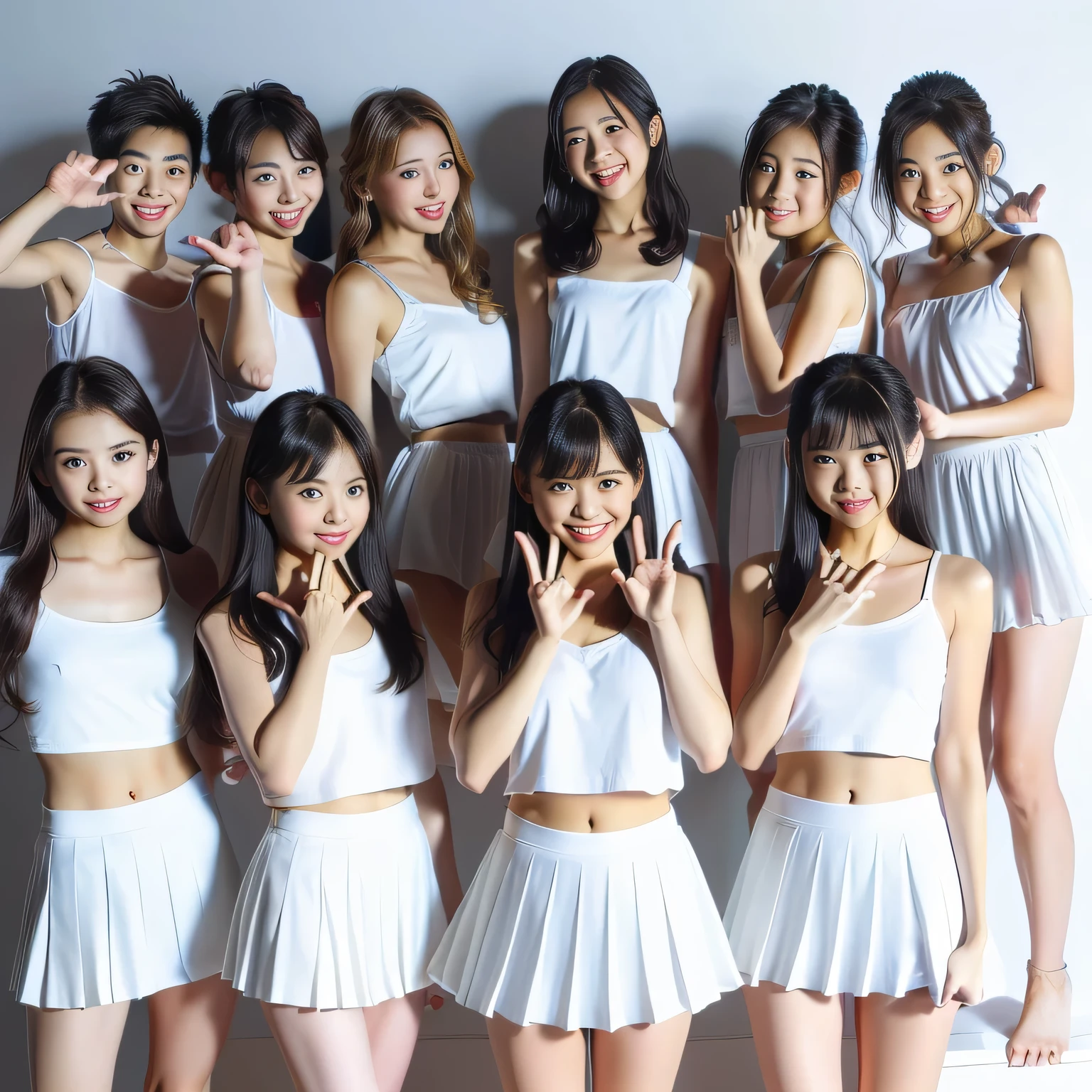 8k, real photo, five girls standing together, ((white:1.5)) thin plain tank top, ((white:1.5)), pleated mini skirt, 14-year-old,bangs,a little smiles,thighs,knees,crotch,low ponytail,from below, low angle, exposing white panty, at a photo studio, bright room, photo shooting