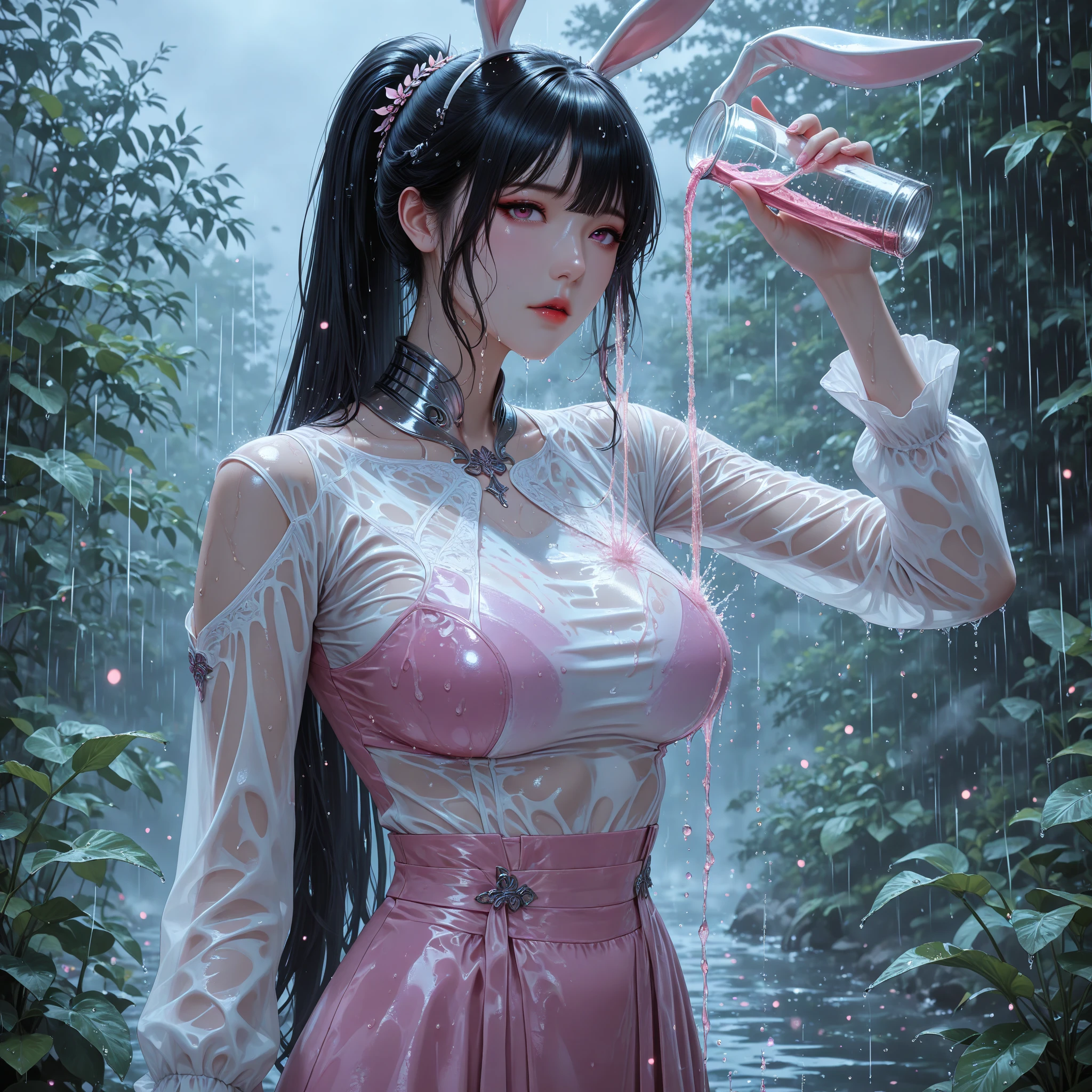 (Fatal Frame Crimson butterfly), (Full body photo:2), (One/Woman:1.5), (she is being chased by a ghost of a woman in a white suit:2), (She is wearing a black fabric high school student outfit and a short skirt:1.5), (she has large breasts:1.9), (she has short black hair:1.5), (red eyes:1.5), (red lipstick on mouth:1.5), she's holding an old Camera:1.5), (she's in an old Japanese village at night+raining hard, (wet clothes/hair:1.3), Fatal Crimson Butterfly Frame, anime, Terror, 16k, best quality, highres, high details, UHD, masterpiece