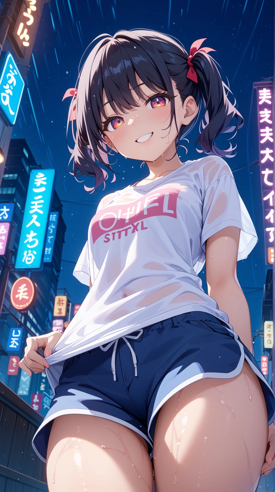Half-naked in very, very short shorts on the street, half-naked, very crouching, smiling, hurraying and doing the peace sign. Full body diagram. Crouching posture.
