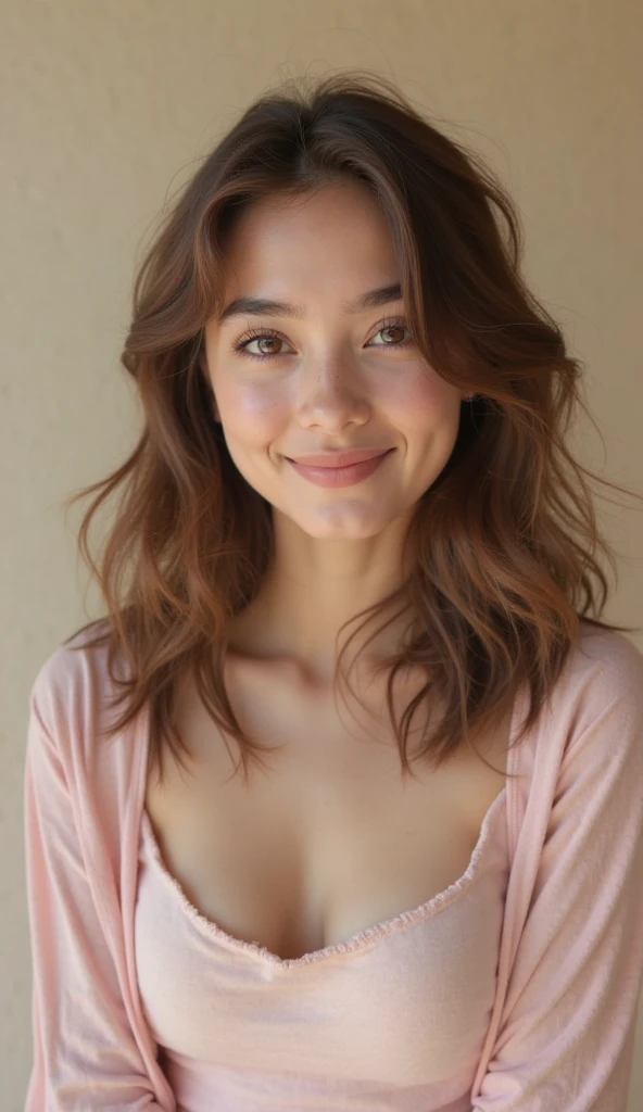 ((night, Realistic light, Best quality, 8K, masterpiece: 1.3)), 1 girl, Slim beauty: 1.4, Press: 1.1, (Brown hair, medium breast: 1.3), Long pink sweater: 1.1, bathroom, Super lovely face, tender eyes, double eyelids, smile, necklace