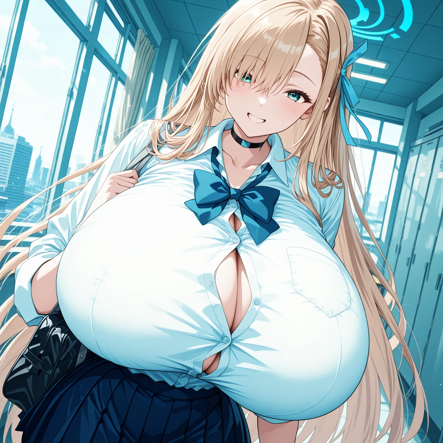 (One girl), Beautiful smile,Embarrassed face, Close your mouth,Glossy Lips,Abstract, School, masterpiece, highest quality, so beautiful, Absurd, up to date, Complex details,(Touch your face with your hands), Pink long nails,AI-generated, Complex,High resolution, highest quality, super high quality,3D Images、View the viewers、3D Images,one person,Anime girl with long blonde hair and blue eyes posing for a photo, [[Fine grain、blue eyes、Shining Eyes:1.15]],Close your eyes for a moment,a hyperRealistic , hyperRealistic , Realistic , blonde anime girl with long hair, Smooth anime CG art, Beautiful anime school girl,White long sleeve blouse,Blue checked skirt,Big blue chest ribbon, Earrings,(Large Breasts:1.5), Mature Body,Fine details,Abdominal muscles,Blushing