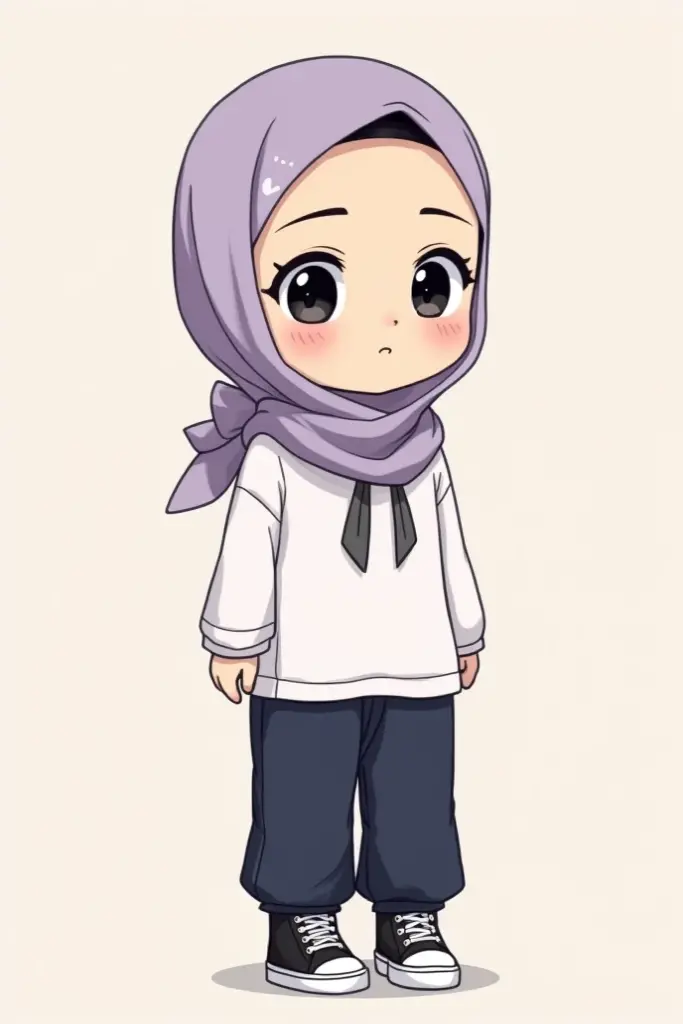 Cartoon with text:
Cute little cartoon girl, with black hijab on, wearing school uniform, white shirt, black skirt, black socks, sneakers