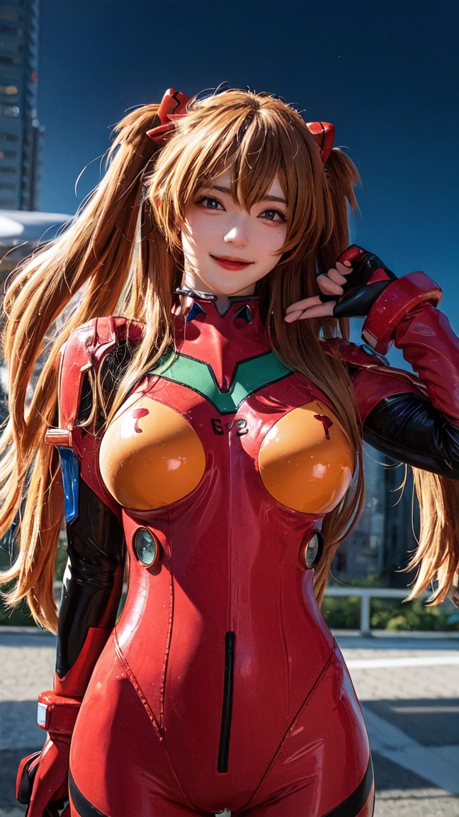 (masterpiece, Highest quality:1.3), (Super detailed:1.4),(Super detailed顔:1.2),(Super detailed目:1.2), (hyperRealistic:1.3), (RAW Photos:1.2), High-definition RAW color photos, Professional photos, (PhotoRealistic:1.4), (Realistic:1.4),8k,Professional Lighting, Perfect Anatomy, BREAK,(Big Breasts:1.4),(blush:1.2),(Bright smile:1.3),detail, Sharp focus, dramatic,dutch angle,(Sexy gravure pose:1.3),asuka langley soryu, (souryuu asuka langley:1.2), long hair, bangs, Blue eyes, brown hair, hair ornament,bodysuit, pilot suit, plugsuit, (red bodysuit:1.5), interface headset,