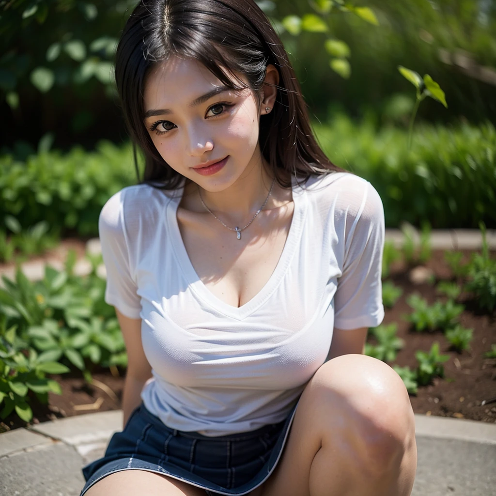 ((8k:1.27), best quality, masterpiece, golden ratio, ultra highres:1.2) Photo of cute idol girl (beautiful:1.1), cute russian teen, 16 years old, fantasy, detailed, professional photographer, Hasselblad camera, depth of field, random hair, random hair color, solo girl, 1 girl, whiteskin, big breast: 1.5, rounded breast, thick body, full body photography, wear oversized tshirt, short pants blue jeans, smile, cinematic photography, in the flower field