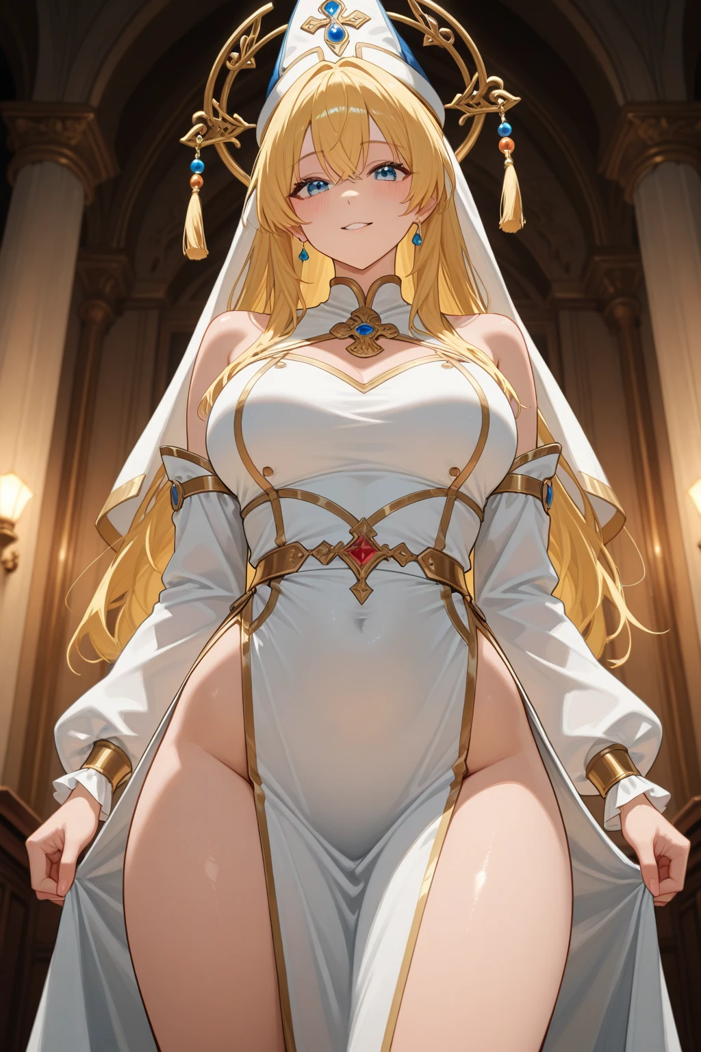 (stripping:1.5) (shaking:1.5) (quivering:1.5) (close up:1.4) (adult woman:1.2) (nude:1.1) (topless:1.1) (elaborate beautiful red gold dress:1.2) (from front) (golden halo) golden chain choker, night, dark cozy bedroom, mood lighting, on bed, Absurd, Perfect Anatomy, Good lighting, Shadows in the movies, large breasts, very large butt, thin waist, Long HAIR, blonde HAIR, (loving look), original HAIR style, Dynamic Angle, (detailed face:1.3) (dynamic lighting:1.2), (gold leaf bracers on arms) (gold leaf hair piece) (elaborate golden necklace) (gold roses on bed) (golden beautiful stunning eyes:1.5) (golden sheer veil:1.2) (firey orange eyes) (backlighting) (elaborate hairstyle:1.1)