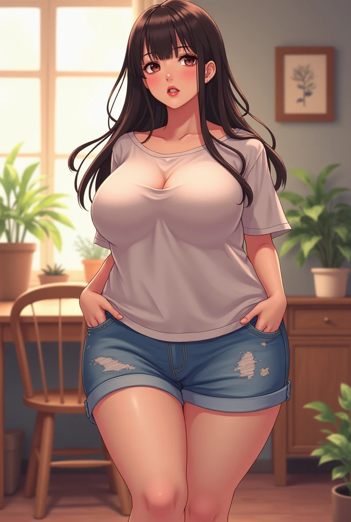 score_9, score_8_up, score_7_up, score_6_up, score_5_up, score_4_up, yu hee, brown eyes, black hair, long hair, large breasts, mature woman,  1girl, long_hair, blush, sweat, purple_eyes, lips, purple_hair, solo, 1girl, solo, pants, white_footwear, hat, midriff, shoes, standing, outdoors, looking_at_viewer, full_body, crop_top, jewelry, denim, earrings, jeans, tree, plant, white_pants, baseball_cap