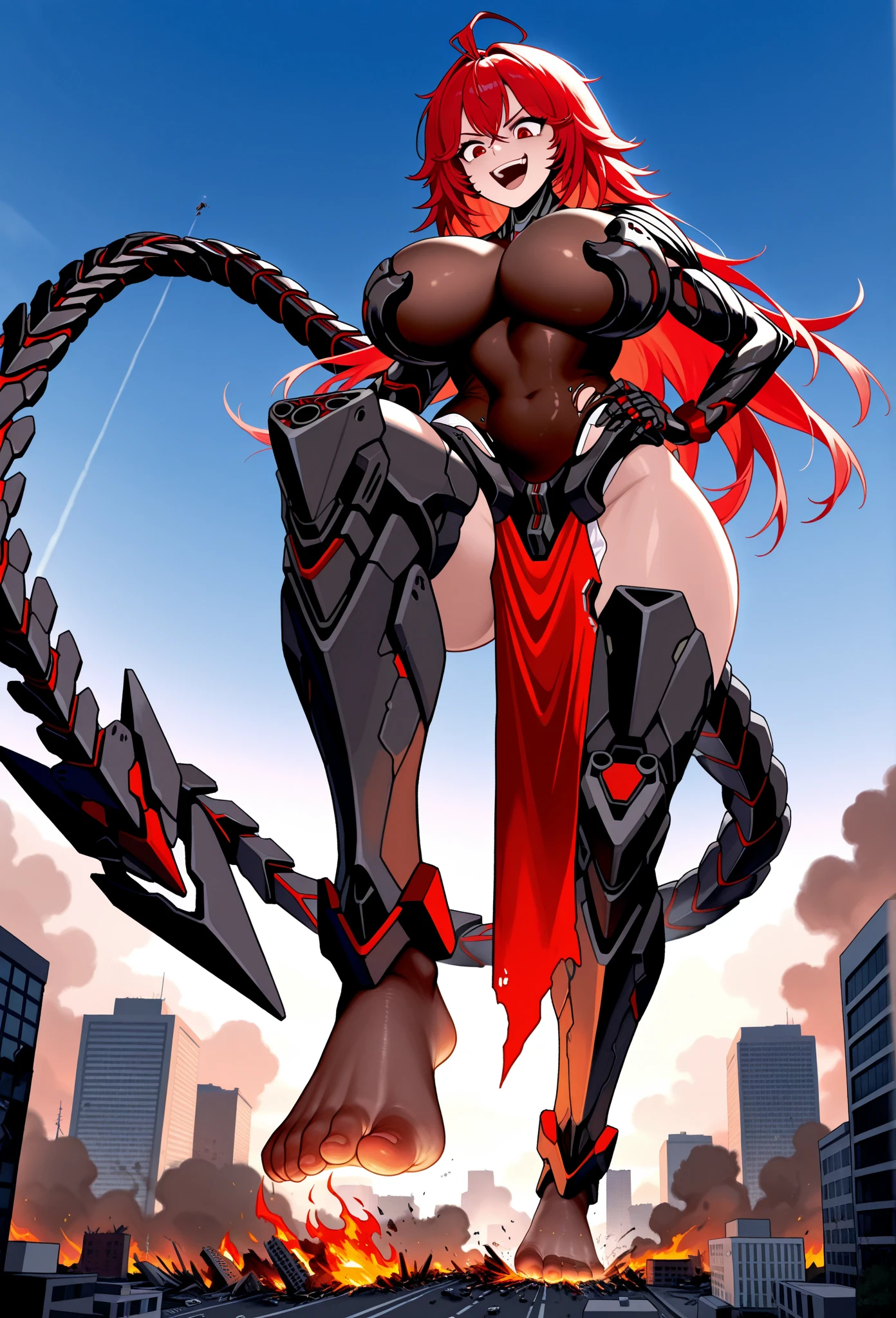 (full body/upright/standing view:1.5). (({She})), ((in a futuristic city completely destroyed with flames coming out of the destroyed buildings)). {She}: is looking at the viewer, (extremely large breasts:1.5), doing exhibitionist/non-tilting/unseated poses, holding a long black rifle., Hyperrealism, anime, 16k, UHD, masterpiece, best quality, high details