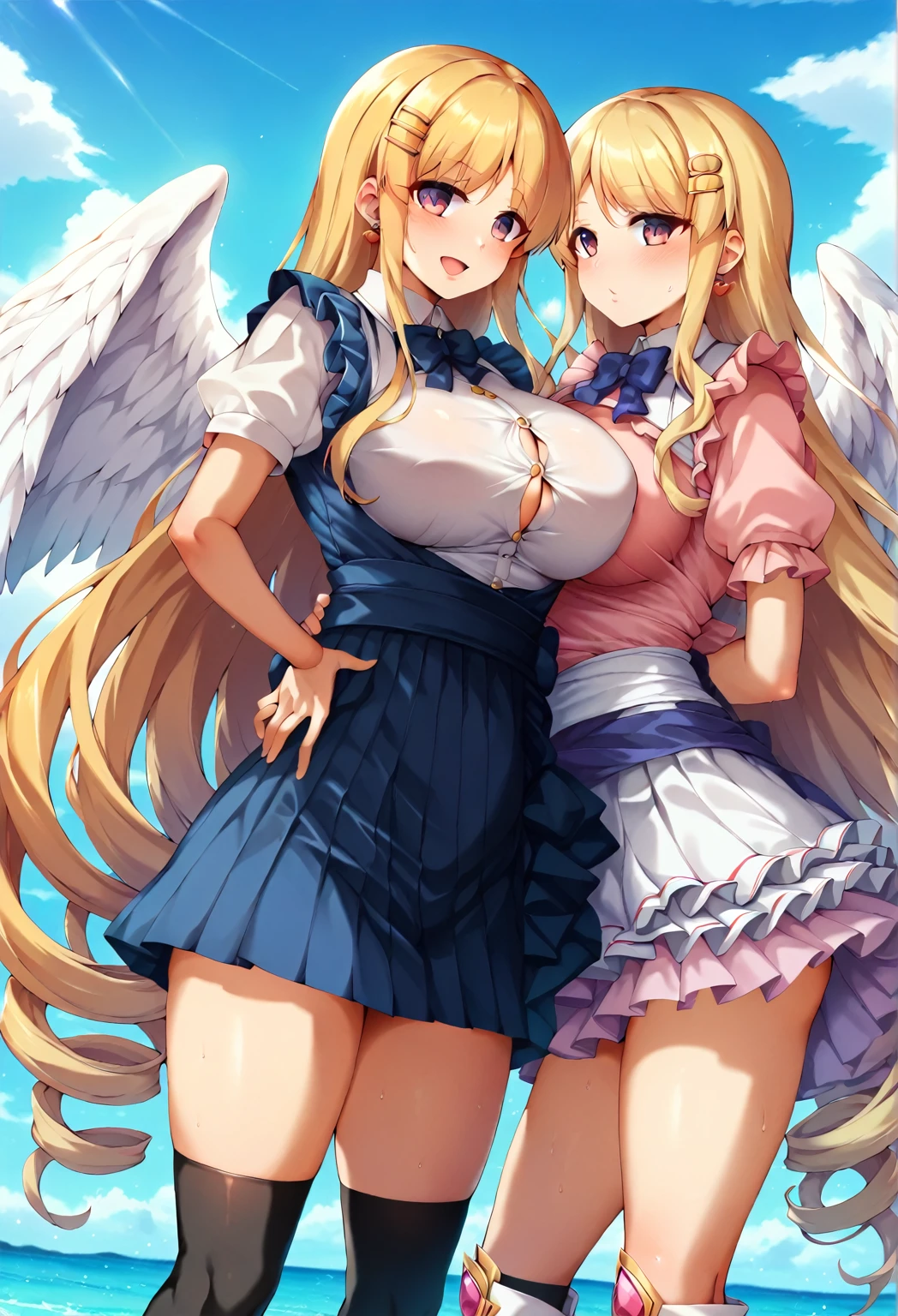 wariza,sitting,{full body},looking down,from below,{upskirt},dynamic angle, dynamic cut,naughty smile,macrophilia,{white wings},{angel},{muscular},{curvy},{very tall woman},{big breasts},{two side up},blonde hair,barefoot,cute dress shirt frills ribbon split corset skirt,best quality,1 girl,solo,