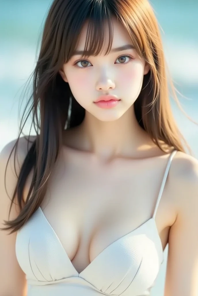 finely detail, hight resolution, hightquality、Perfect dynamic composition, Beautiful detailed eyes, Medium Hair,Natural Color Lip,Kamimei、Shibuya、20 years girl、1 persons、Transparent skin、Glowing hair、masutepiece, Best Quality, Illustration, Ultra-detailed, finely detail, hight resolution, 8K、The correct state of the human body、randome pose、Gravure Model Pose,Hair soaring in the wind、Underwear,length hair,Big Tits,gigantic cleavage breasts, Bold sexy poses,Colossal tits、up of face