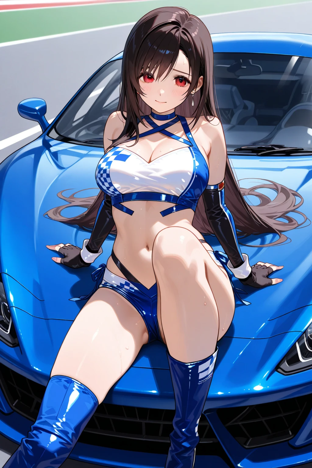anime girl on a motorcycle wearing a short blue dress and blue leather bra, breasts, shorts, blurry background, 1girl, race queen, brown hair, blurry, smile, navel, looking at viewer, outdoors, skindentation, day, solo focus, bikini, brown eyes, swimsuit