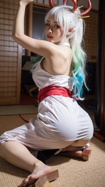 White silk hot spring cat ear girl long legs jade feet,Pink miniskirt,long whitr hair,hair messy,Wide buttock,turning around,The large,Blushlush,,wetted skin