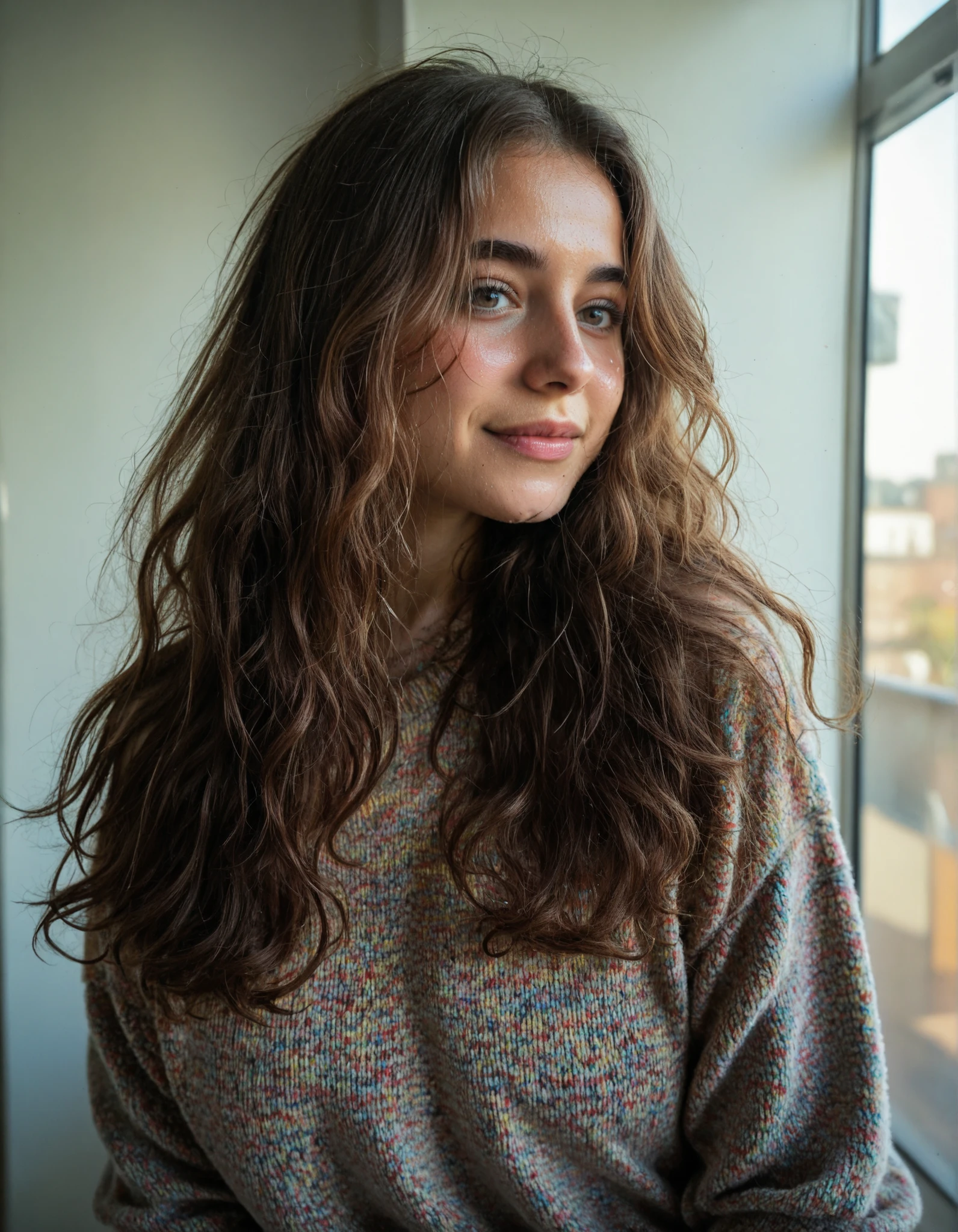 1 woman、 real 、cute、 Beautiful girl, long wavy light copper hair, round face、 reddish curly skinny Ananya Pandey、colorful sweater、widely spaced eyes, negative canthal tilt, realistic wet skin. (She is 50% russian, 50% Indian). , UHD 16K