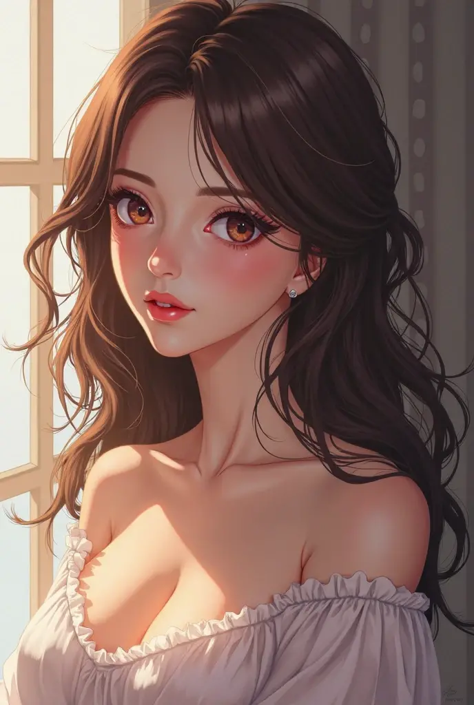 anime, a topless beautiful girl, long wavy hair, detailed facial features, beautiful eyes, detailed lips, detailed skin, detailed body, elegant pose, cinematic lighting, warm color tones, highly detailed, photorealistic, 8k, ultra-detailed, masterpiece, digital art