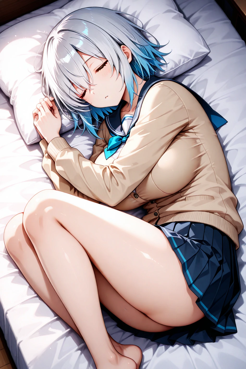 (Highest quality、Masterpiece、Very detailed、4K)、One Woman、17 years old、Silver Hair、short hair、(((beta)))、chest、arm、Beautiful face、Thighs、((White wrestler tank top))、((Sleeping in bed))、((((Spread your legs))))