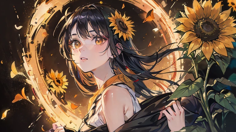 ((((Obra maestra, La mejor calidad, ultrahigh resolution)))), 1girl, standing, (((wearing a black tracksuit))), (long black hair in view, in frame), pale skin, ((brown eyes)), (glowing_eyes, luminescent eyes), (ultra detailed eyes:0.7, beautiful and detailed face, detailed eyes:0.9, beauty mark under eye:1.5), ((centered)), smile, ((wide shot)), facing viewer, (((vibrant background of outdoors, field of flowers, bright lighting, summer, sunlight))), flat chested, looking at viewer, ((perfect hands)), ((head:1, hips, elbows, arms, in view)), ((hands behind back)), beautiful lighting, defined subject, (18 years old), ((cool looking)), ((sun glare))