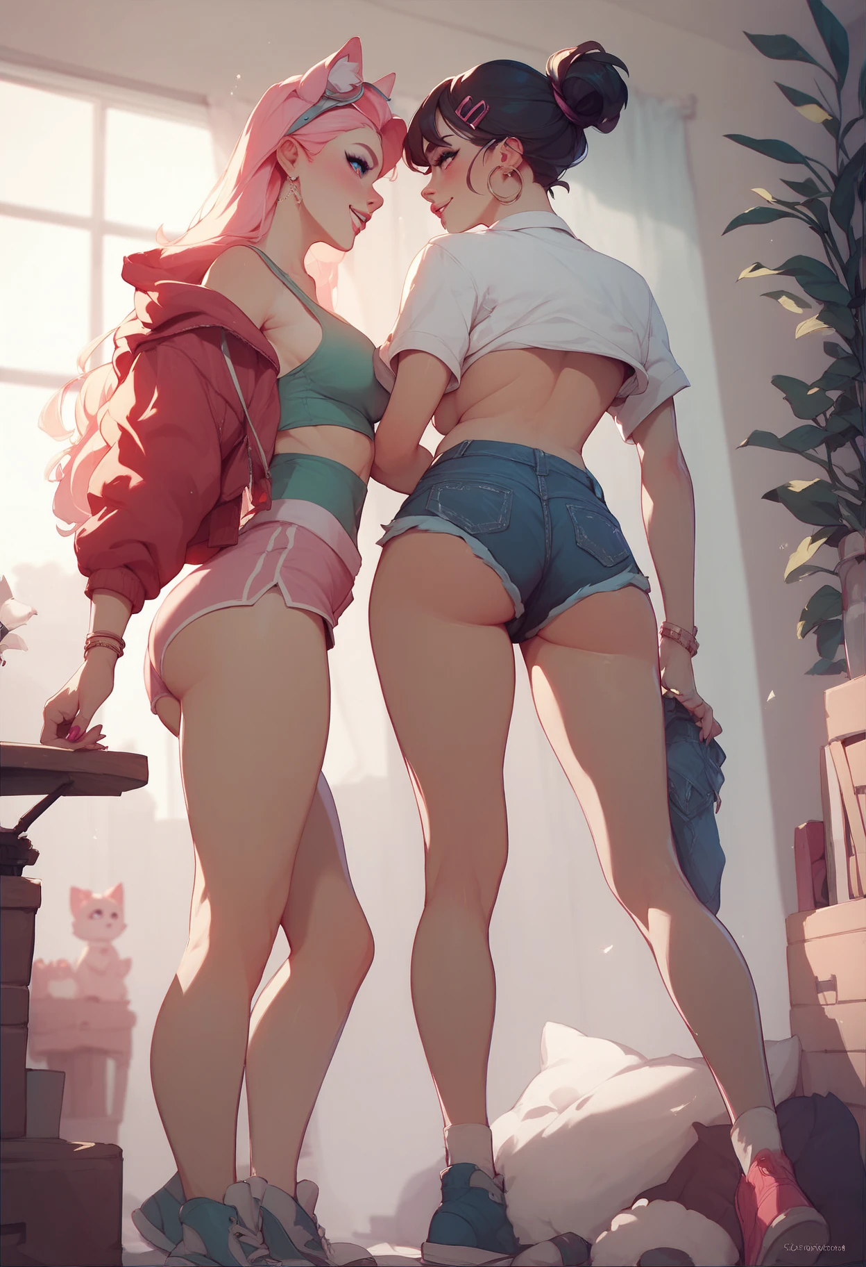 ((Full body photo, standing, feet on the floor)) score_9, score_8_up, score_7_up, score_6_up, 2girls, elsa (blonde hair, braids, leggings and crop top: 1.2) and anna (brown hair, braided braids, panties: 1.3), poorly lit dungeon, (tied, tied, hands above head, connected to wall rings:1.4), rope, red faces, (cinematic lighting:1.4).