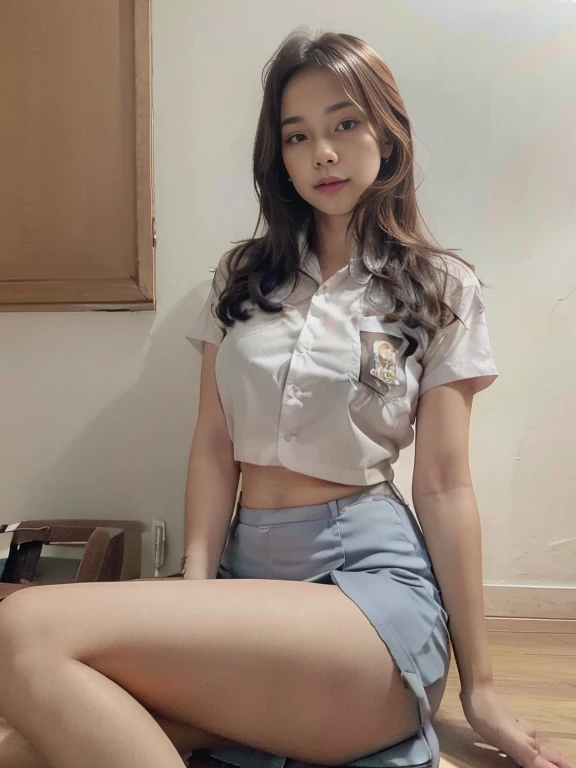 Young sweet beautiful Bogor city school girl, slim body, very georgeus face, 17 years old, wearing very transparent all unbuttoned thin Indonesian white and grey uniform, all unbuttoned long sleeve shirt, grey folded up kneel long skirt, sassy girl,  wavy short hairs, sleeping down relax spread  wide legs as being having sex on sofa cheerful going to the school in the sunny morning, sport shoes, very realistic, very detail, very natural, no cartoon, pulled down white thin panty that clearly exposed visible, front view, horny porn girl, open wide mouth enjoying being having orgasm, sweet cute  being enjoying having sex orgasm redish face,  normal sex intercourse legs pose,