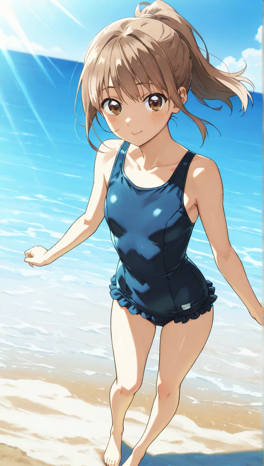 Follow Us, Yuki mandarin orange, (Brown eyes:1.5), Brown Hair, hair ornaments, hair scrunchie, Long Hair, (Flat Chest:1.2),happy smile, smile, Open your mouth,
Open your mouth,School Swimsuit,Straw hat,Holding a swim ring in both hands,True Summer,Palm tree,Are standing　　　　　　　　　　　　　　　　　break looking at viewer, whole body, 　　　　　　　　break outdoors, Sandy Beach,Beach,　　　　　　　　　　 break (masterpiece:1.2), Highest quality, High resolution, unity 8k wallpaper, (shape:0.8), (Beautiful and beautiful eyes:1.6), Highly detailed face, Perfect lighting, Extremely detailed CG, (Perfect hands, Perfect Anatomy),