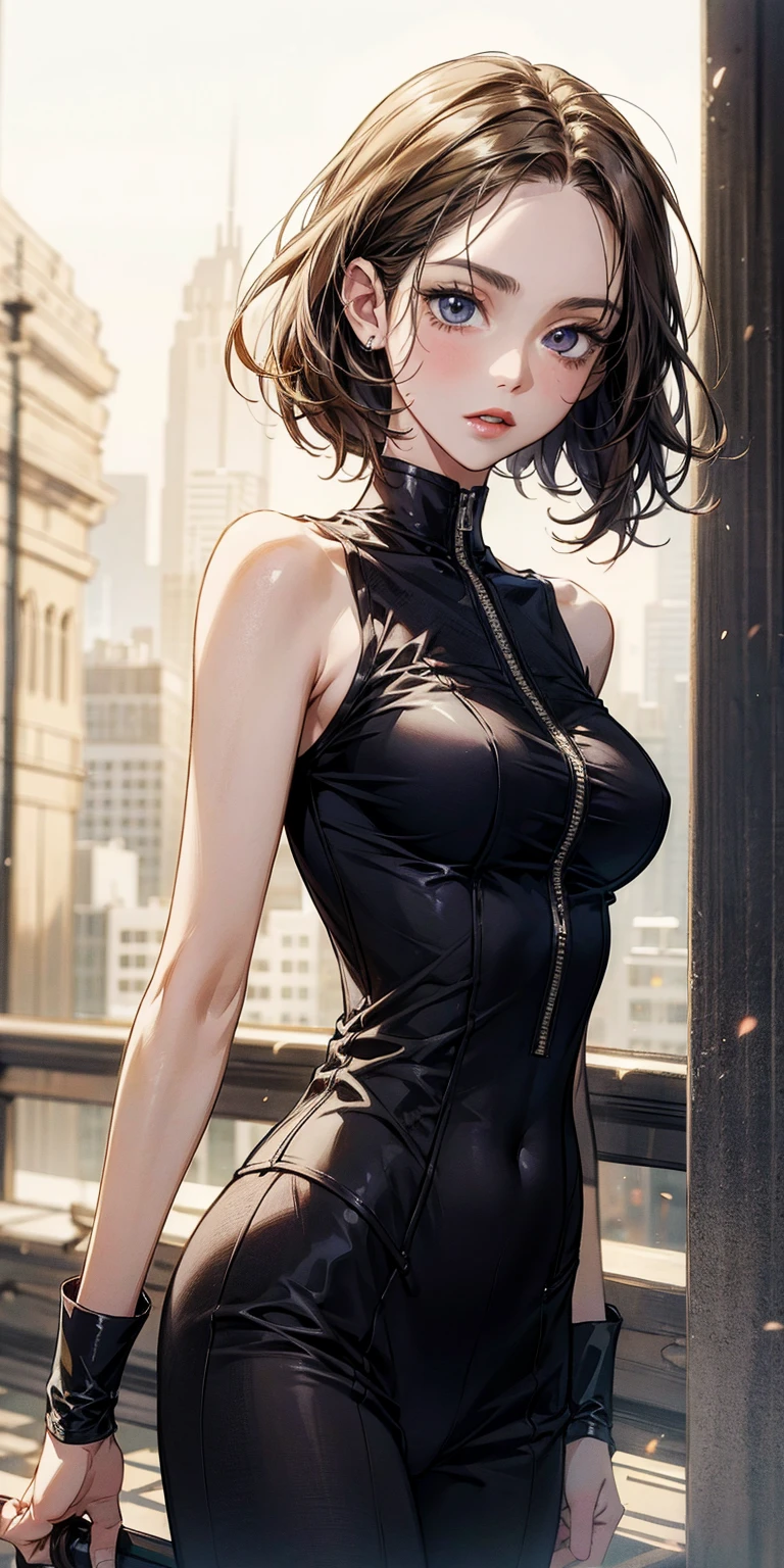 ((Top Quality, 8K, Masterpiece: 1.3)), Sharp Focus: 1.2, Cute Beauty with Perfect Figure: 1.4, Slim Big: 1.2, ((Black Casual Hairstyle, Big: 1.2, Big: 1.2)), (Black Rubber Racing Suit), (Semi-nude, Ecstatic, Standing: 1.2, Sexy Pose), (Exposed Cleavage), ((Simple Cityscape: 1.3 created mainly in women)), very detailed face and skin texture, fine eyes, double eyelids,