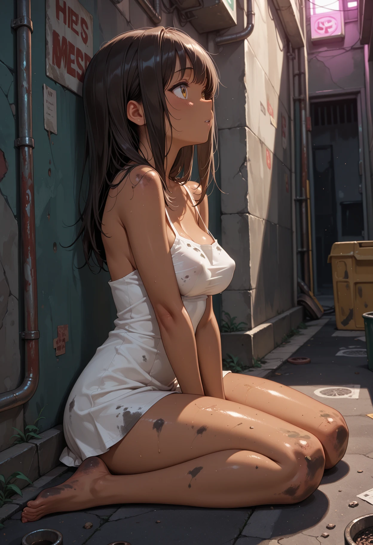 Ultra high precision、high resolution、(Naked girl sitting with her legs thrown out on the floor, looking at the floor:1.4)、Pretty face、black hair、pubic hair is growing、 ((While crying))、smaller breasts、empty eyes　((white mucus dripping from genitals))..、In the ruins、