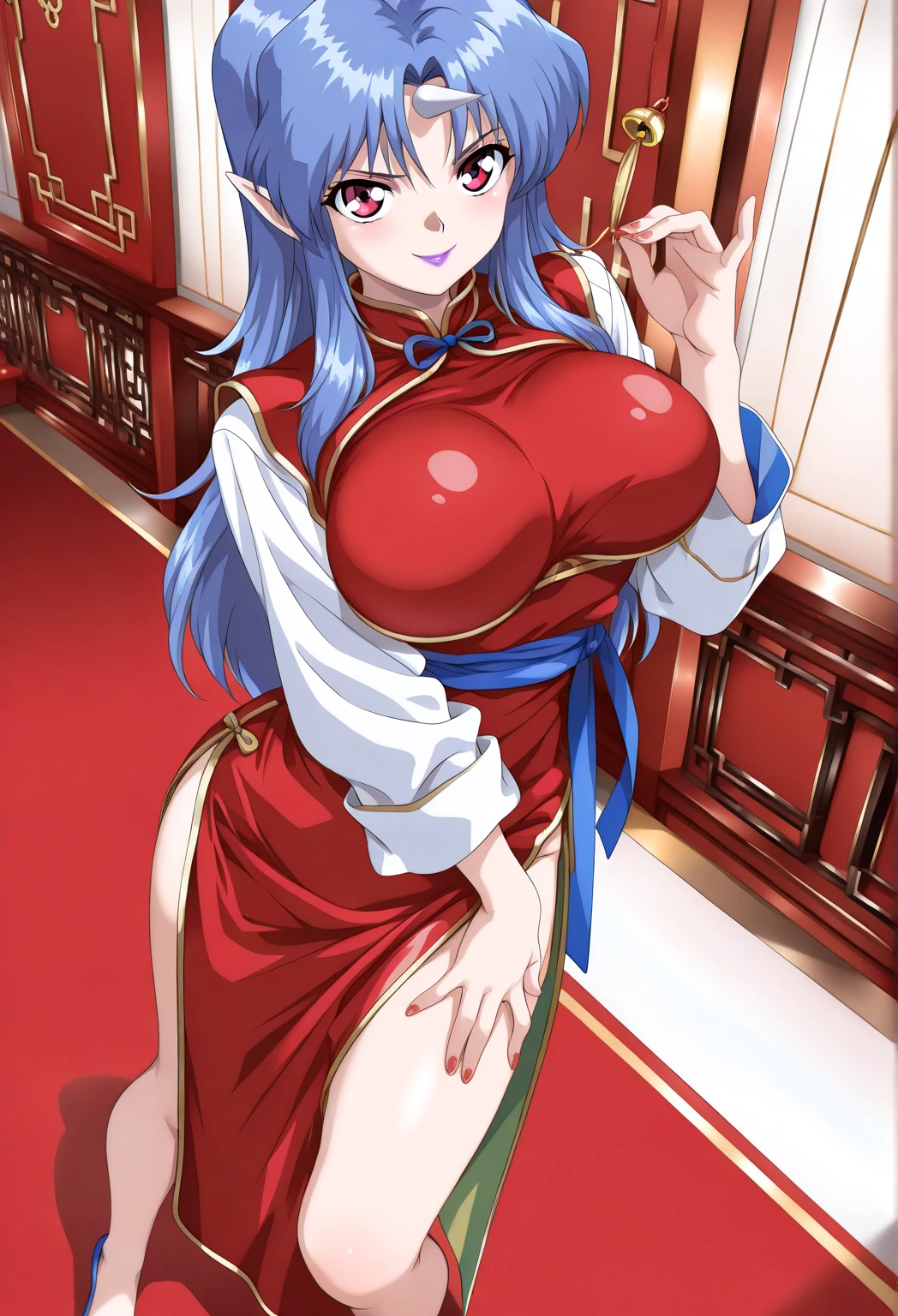 shanpuuranma, large_breasts, standing, solo, china_dress_red_SMP, masterpiece, best quality, detailed face, detailed eyes, highres,(upper body), perfect face,detailed face,( blush:1.2),big tits,nipples, sitting, wide thighs, happy, rose in her head,centered image,full colored