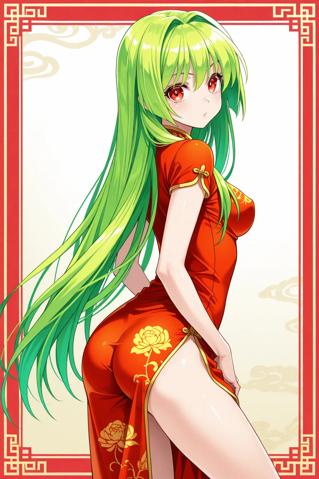 (high resolution, pixel perfect, realistic, gorgeous illustrations), (hyper quality, muste piece, etheric: 1.4), ((solo, 1girl)), full body, ((((c.c.)))), (((((((spread legs)))))), cool atmosphere, ((Exquisite face)), ((drunken eyes)), ((thick thighs)), (((wide hips))), ((Big breasts that are about to burst)), fighter, ((((china dress)))), (((cameltoe))), shiny skin, gleaming skin, sweat, simple background,