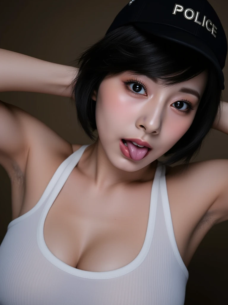 (High resolution:1.3), (8k, realistic, Raw photo, highest quality: 1.4), Japanese, (1 girl),beautiful face, (realistic face), (black hair, short hair:1.3), beautiful hairstyle, (realistic skin), beautiful skin, Charm, 超High resolution, surreal, very detailed, golden ratio, In town,In townの人混み,from below,white small bikini,swimsuit,big breasts,mouth wide open,stick your tongue out,Nipples are transparent,small areola,oral sex,