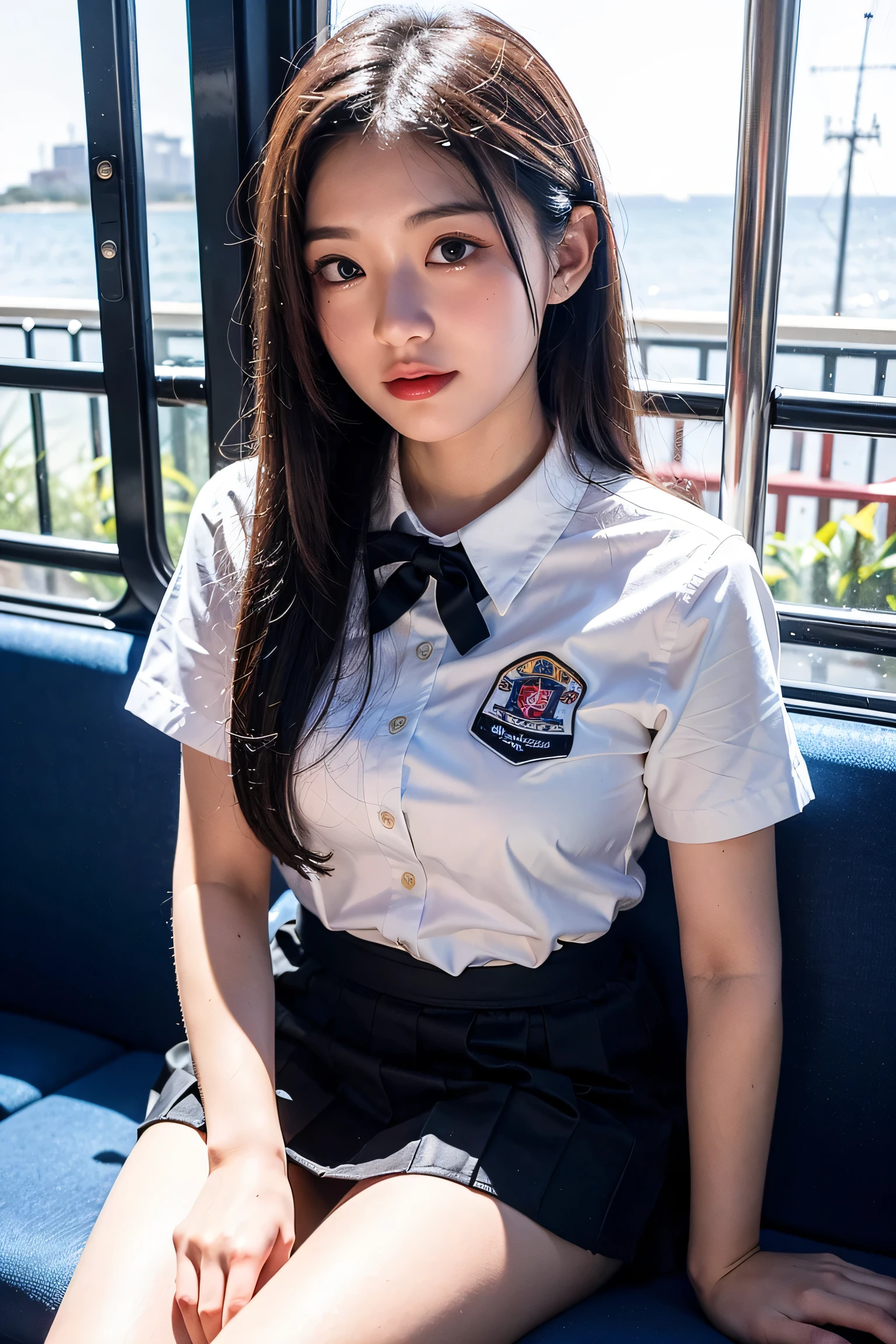 Beauty Indonesian woman in student uniform, beauty big breast, show pubic hairs, vivid colors, bokeh