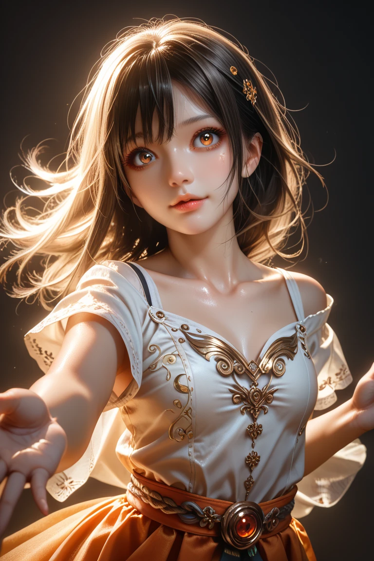 A light smile, Redness in the ears, tooth, Light brown hair, bangs, Curly Hair, Side braid, Hello, Surrealism, Cast a Shadow, Anaglyph, Stereogram, tachi-e, throw, Atmospheric perspective, 8k, Super Detail, Accurate, Highest quality