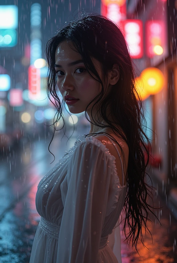 cinematic film, Realistic photograph,
1girl,solo,long hair,Rough skin,(looking at viewer:1.2),wet hair,micro_shorts,dark,polaroid,(depth_of_field:1.5),rainy days,outdoors,street,hair between eyes,moody lighting,Tyndall effect,Cinematic Lighting,night,lamppost,lens flare,available light,rim light,glowing neon lights,curvy,chinese_style,
,shallow depth of field, vignette, highly detailed, high budget, bokeh, cinemascope, moody, epic, gorgeous, film grain, grainy,