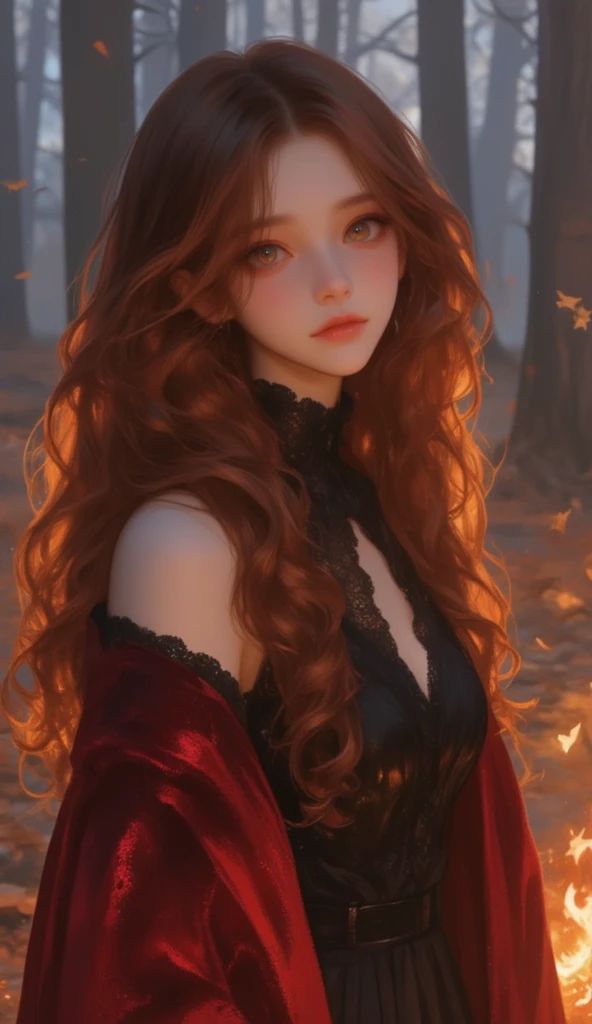 ((vivid red hair)), mature woman, 30 years old, diamond face, red starry sky background, depth of field, magic, big red lips, ((dark and black eyes)) black and red long and full dress, covered chest, mystical atmosphere, ominous shadows, Intense blue aura, Intense red aura (best quality:1.2), absurdres, intricate details, (highly detailed skin:1.2), smile expression, posing, taut and well defined body, attractive. Highly realistic, white skin, beautiful, hyperrealism, skin very elaborated, direct gaze,