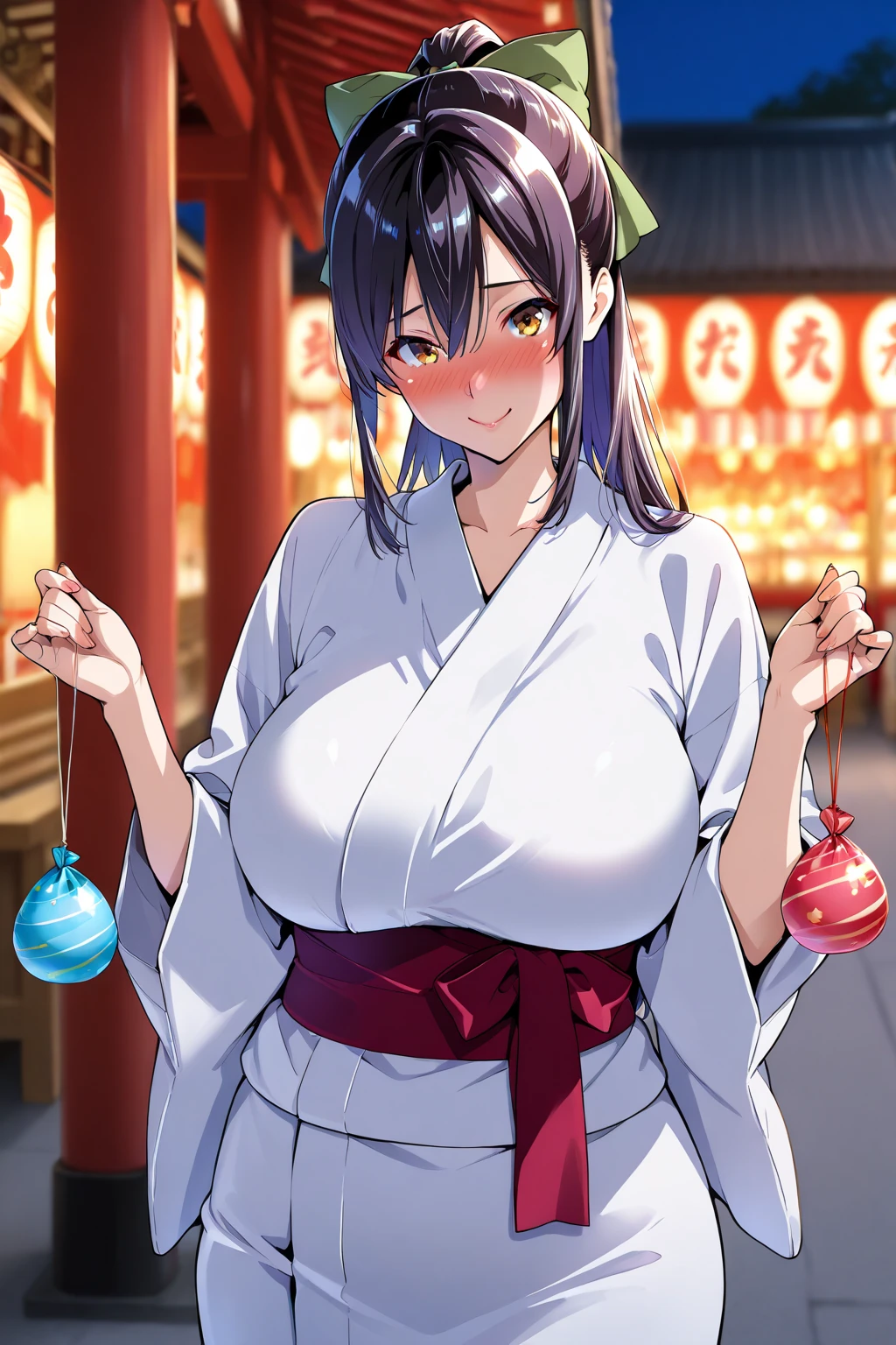 very detailed, high quality (medium long shot), illustration of the anime dragon maid san with a kimono outfit in the middle of a traditional Japanese festival, voluptuous body, it is night, she has a curious look, around quite a lot, with two caramel apples in the hands